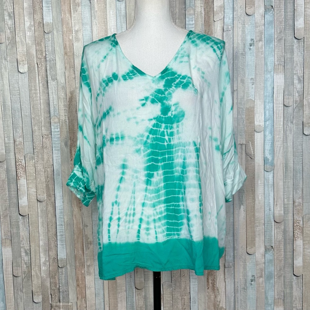 Soft Surroundings PL L Green Tie Dye 3/4 Sleeve V Neck Top Blouse Lagenlook Boho
